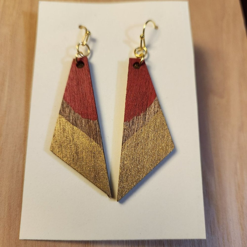 Red Gold Bohemian Tribal Dangle Wood Earrings - Picture 3 of 6
